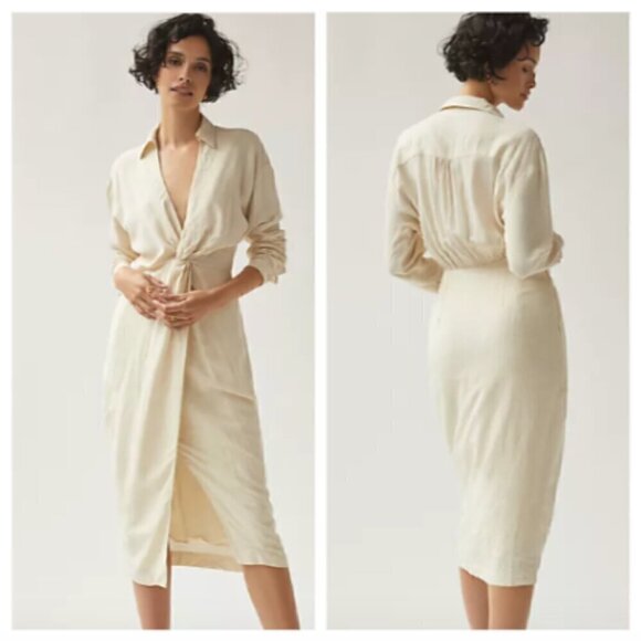 NWT Anthropologie V-Neck Knot Front linen blend neutral long sleeve dress - Picture 1 of 12